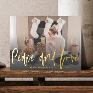 Peace and Love Gold Foil Script 1 Photo Christmas  Foil Holiday Postcard