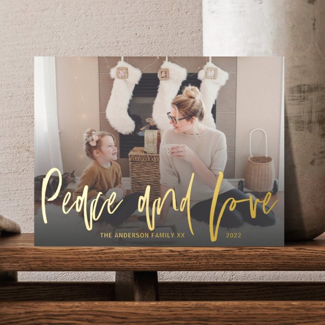 Peace and Love Gold Foil Script 1 Photo Christmas  Foil Holiday Postcard (Creator Uploaded)