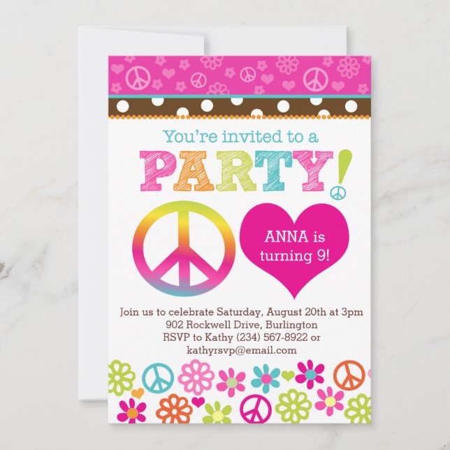 Peace and Love Hippie Party Invitation (Front)