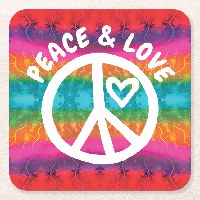 Peace and Love Tie Dye Stripes Square Paper Coaster (Front)