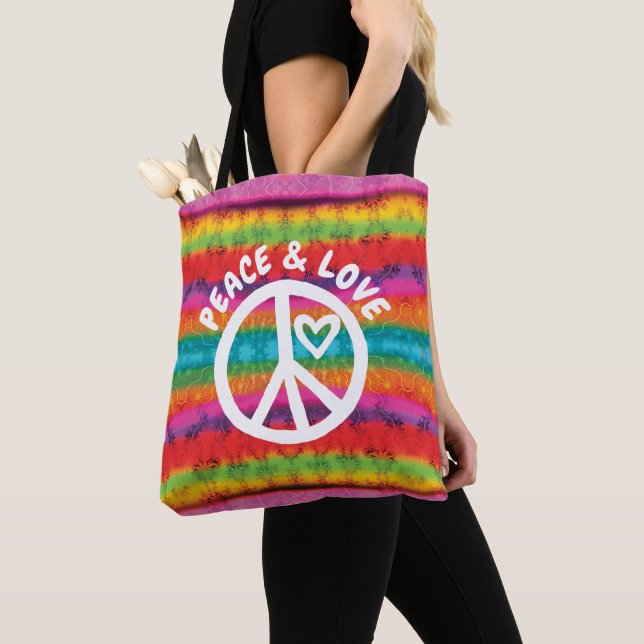 Peace and Love Tie Dye Stripes Tote Bag (Close Up)