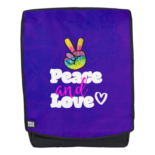 Peace and Love Typography Rainbow Hand Peace Sign Backpack (Front)