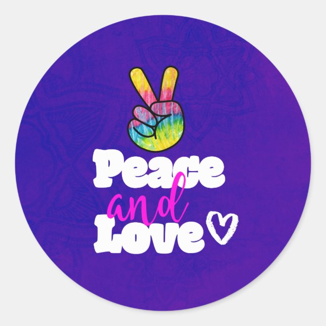 Peace and Love Typography Rainbow Hand Peace Sign Classic Round Sticker (Front)
