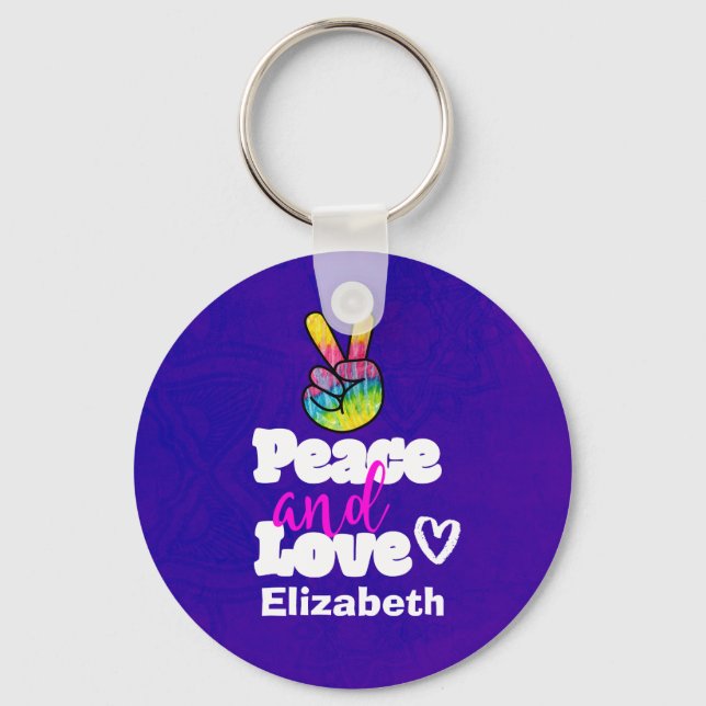 Peace and Love Typography Rainbow Hand Peace Sign Key Ring (Front)