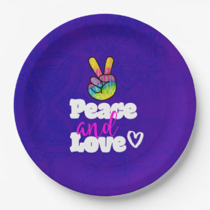 Peace and Love Typography Rainbow Hand Peace Sign Paper Plate