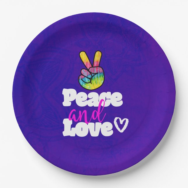 Peace and Love Typography Rainbow Hand Peace Sign Paper Plate (Front)
