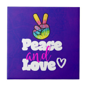 Peace and Love Typography Rainbow Hand Peace Sign Tile