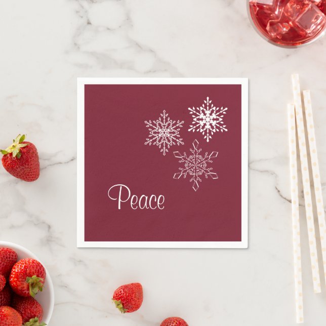 Peace and Three Snowflakes Burgundy Holiday Napkin (Insitu)