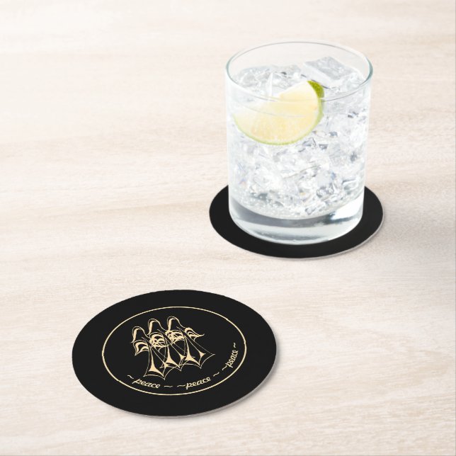 Peace! Angel Black Gold Round Paper Coaster (Insitu)