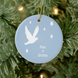 Peace At Christmas With Dove In Flight White Logo Ceramic Tree Decoration