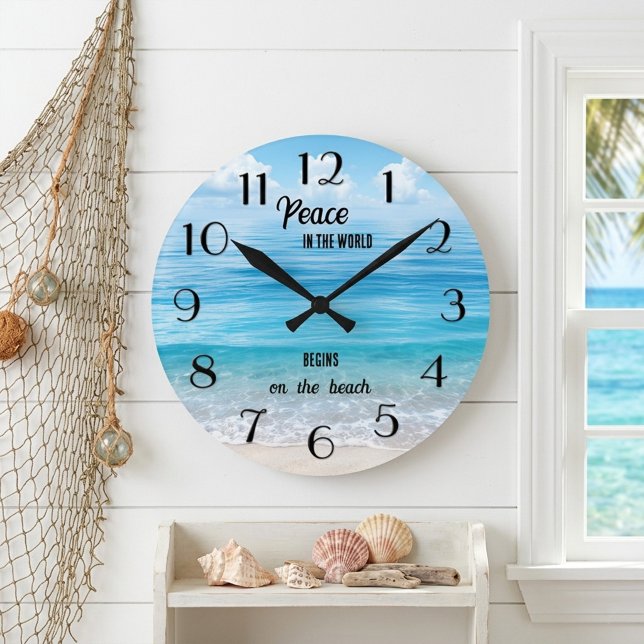 Peace Begins on the Beach Tropical Ocean Round Clock (Wall clock featuring a peaceful tropical turquoise blue ocean with your custom quote)
