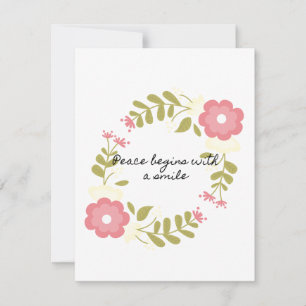 Peace begins with a smile pink floral holiday card