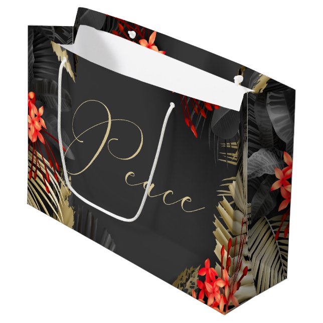 Peace Black Gold Crimson Tropical Foliage Large Gift Bag (Front Angled)