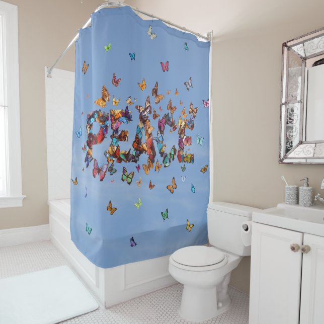 PEACE Blue Sky Butterflies | Motivational Hope Joy Shower Curtain (In Situ)