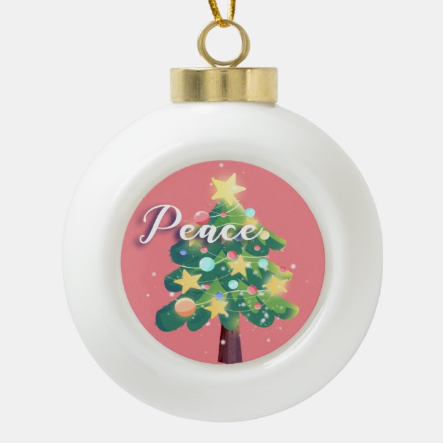 Peace Caption Carton Christmas Tree Pink Ceramic Ball Christmas Ornament (Front)