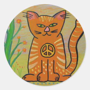 Peace Cat with Flowers Classic Round Sticker
