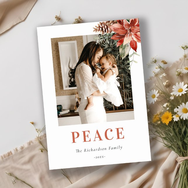 Peace Christmas Poinsettia Bunch Photo Watercolor  Holiday Card (Creator Uploaded)