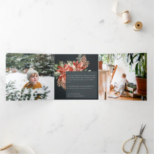 Peace Christmas Poinsettia Navy Black Pine 3 Photo Tri-Fold Holiday Card