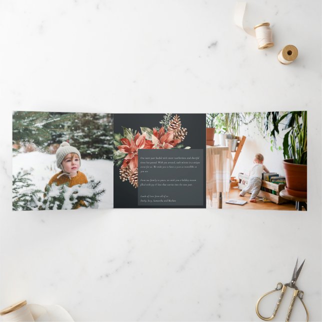Peace Christmas Poinsettia Navy Black Pine 3 Photo Tri-Fold Holiday Card (Inside)