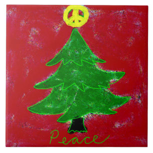 Peace Christmas Tree Abstract Art Tile