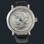 Peace Dollar Watch<br><div class="desc">This watch features the beauty of the silver "Peace Dollar, " which was minted from 1920-1935.  The Peace Dollar is quintessential American and one of the most beautifully designed coins. Catch people's attention with a watch that's vintage Americana!</div>