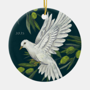 Peace Dove and Olive Branches Christmas Holiday Ceramic Tree Decoration