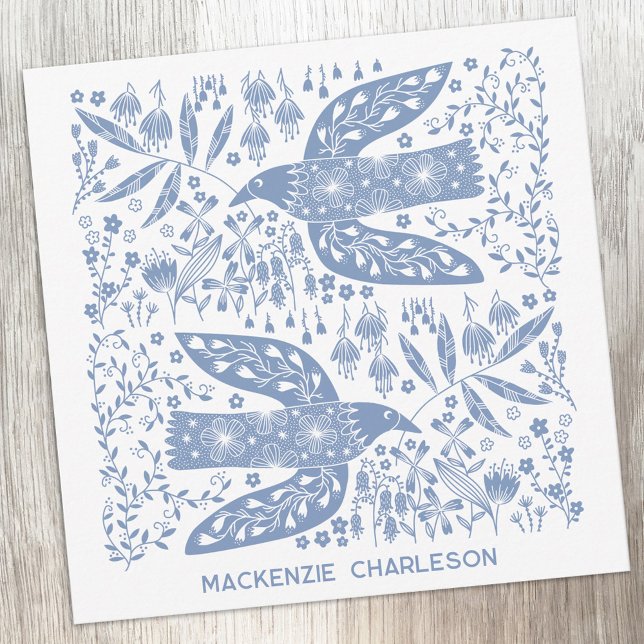 Peace Dove Blue Bird Personalized Name Card (Personalized custom name peace doves blue and white bird folk art notecards)
