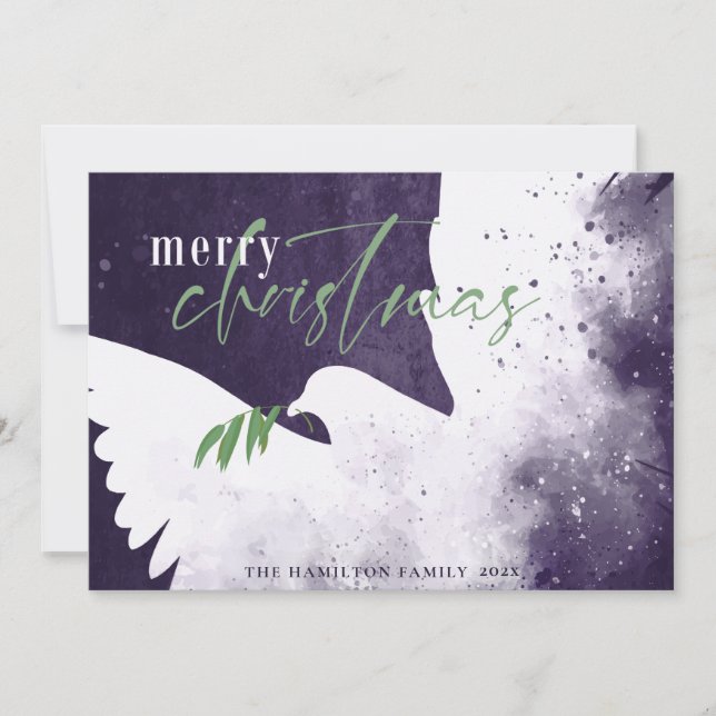 Peace Dove Deep Purple Merry Christmas Holiday Card (Front)