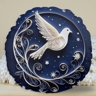 Peace Dove Faux Papercraft Bird Blue Christmas Round Cushion