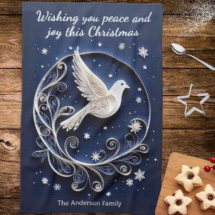 Peace Dove Faux Papercraft Elegant Blue Christmas Tea Towel