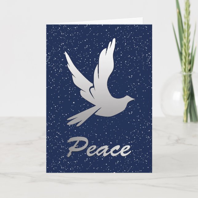 Peace Dove in Silver on a Starry Sky Background  Holiday Card (Front)