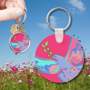 Peace dove, no war hot pink key ring