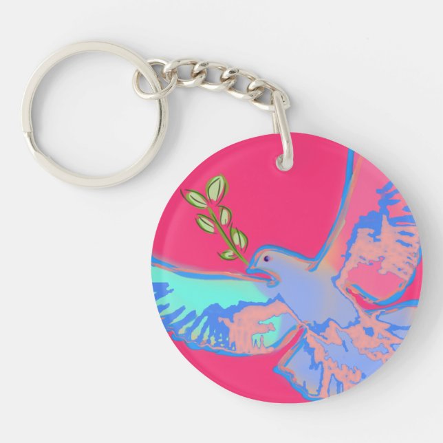 Peace dove, no war hot pink key ring (Front)
