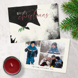 Peace Dove Photo Merry Christmas Black Burgundy  Holiday Card<br><div class="desc">These 7" x 5" flat Christmas greeting cards feature an abstract dove in shades of black and cream with a placeholder for the family name and year. Add three of your favourite photos on back.</div>