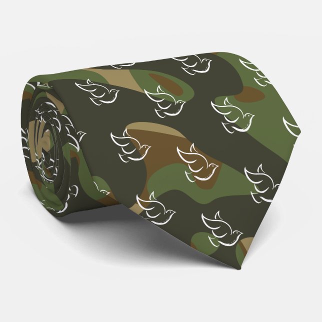 PEACE DOVE Symbol Sign Hippie Green Camouflage Tie (Rolled)