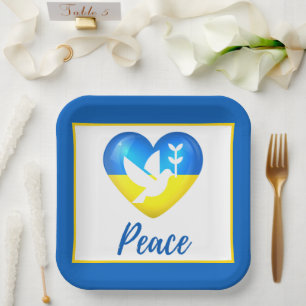 Peace Dove Ukraine Flag Heart Paper Plate