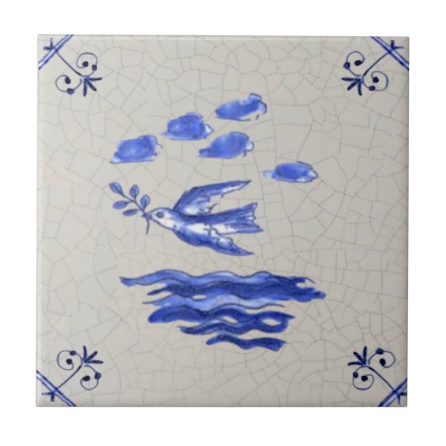 Peace Dove w/ Olive Branch Blue Delft 1600s Repro  Tile (Front)
