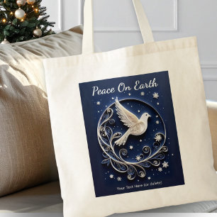 Peace Dove White Dark Blue Stars Christmas Tote Bag
