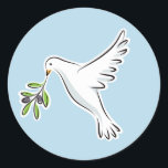 Peace dove with olive branch on blue background classic round sticker<br><div class="desc">A beautiful white peace dove carrying an olive branch on a light blue background. A classic symbol of peace.</div>