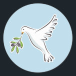 Peace dove with olive branch on blue background classic round sticker<br><div class="desc">A beautiful white peace dove carrying an olive branch on a light blue background. A classic symbol of peace.</div>