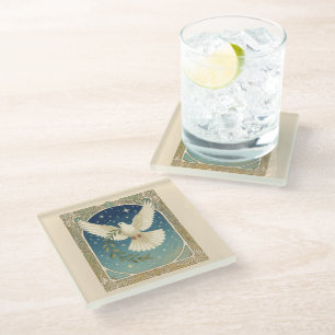 Peace Dove With Olive Sprig Decor  Glass Coaster