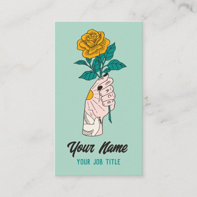 Peace Dove Yellow Rose Tattoo Hand Business Card (Front)