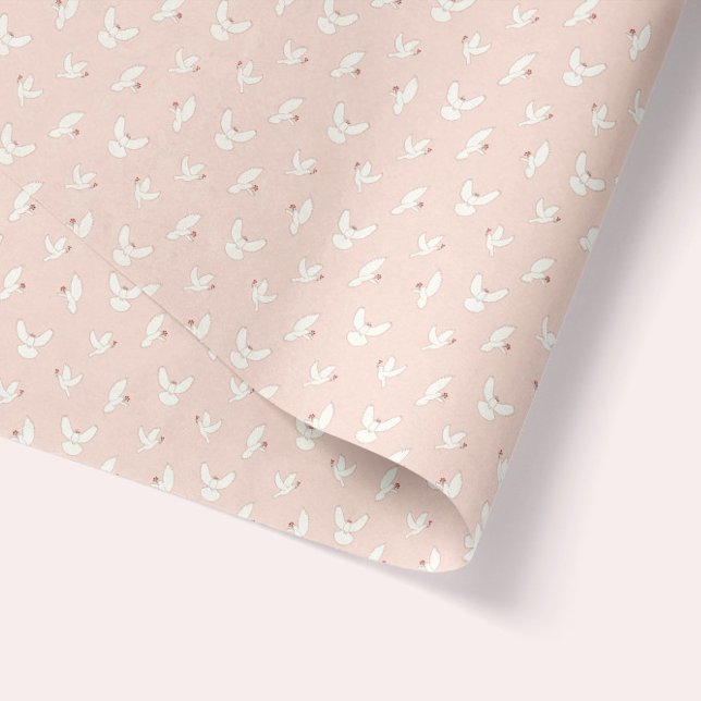 Peace Doves. White over pink. Mistletoe Christmas Tissue Paper (cute peace dove pattern on tissue paper in blush pink tones)