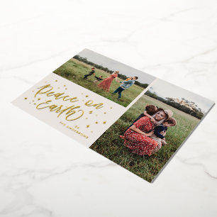 Peace Earth Lettering Christmas 2 Photo Gold Foil Holiday Card