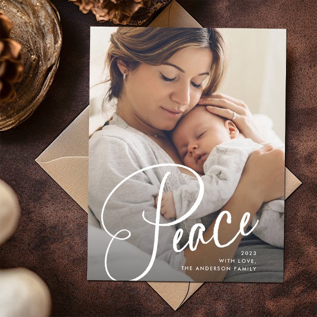 Peace | Elegant Script and Photo Christmas Holiday Postcard (A prayer for peace this holiday season)