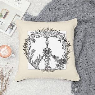 Peace Floral Drawing Cute Boho Hippie Flowers Art Cushion