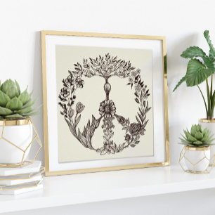 Peace Floral Drawing Cute Boho Hippie Flowers Art Poster