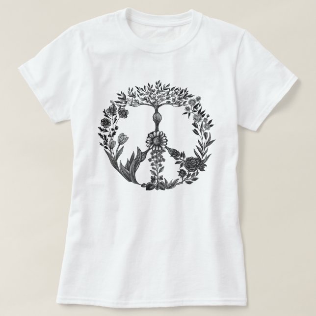 Peace Floral Drawing Cute Boho Hippie Flowers Art T-Shirt (Design Front)