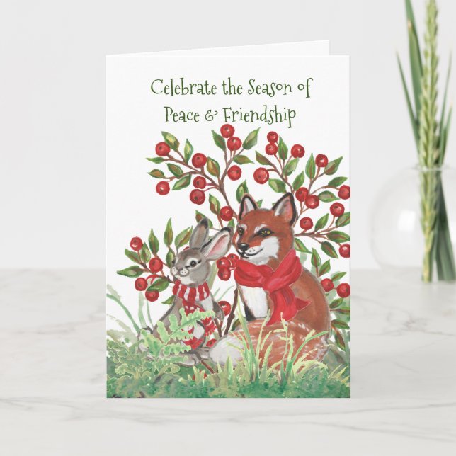 Peace Fox Bunny Winter Friends Nature Christmas Holiday Card (Front)
