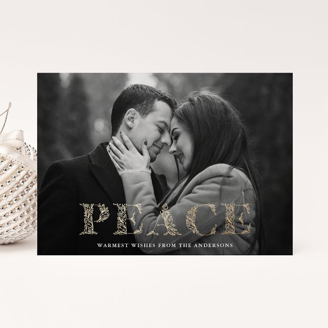 Peace Golden Winter Floral Lettering Photo Holiday Card (Creator Uploaded)